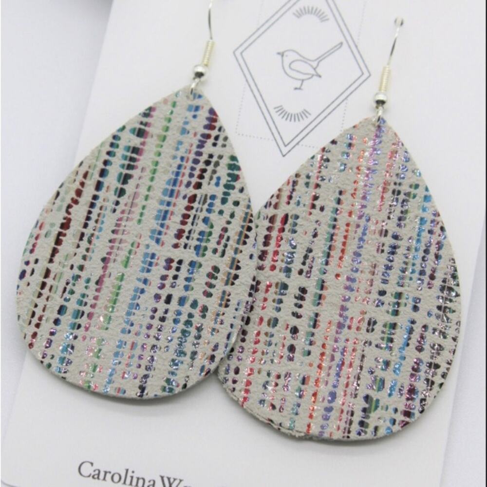 5/$25 Genuine Leather Rainbow Colored Metallic Teardrop Dangle Earrings